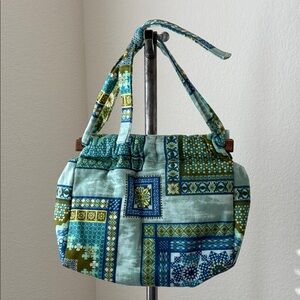 Vintage handmade quilted purse blue green yellow wood accents EUC eclectic quirk